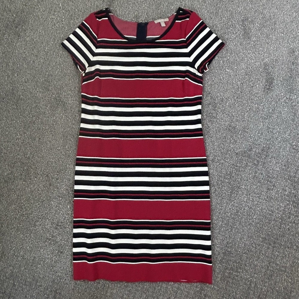 BANANA REPUBLIC Size 14 Striped Knit T-Shirt Sheath Dress - Red Black White - Picture 6 of 11